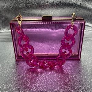 Clear Magenta Lucite Clutch With Detachable Cuban Link Chunky Strap
